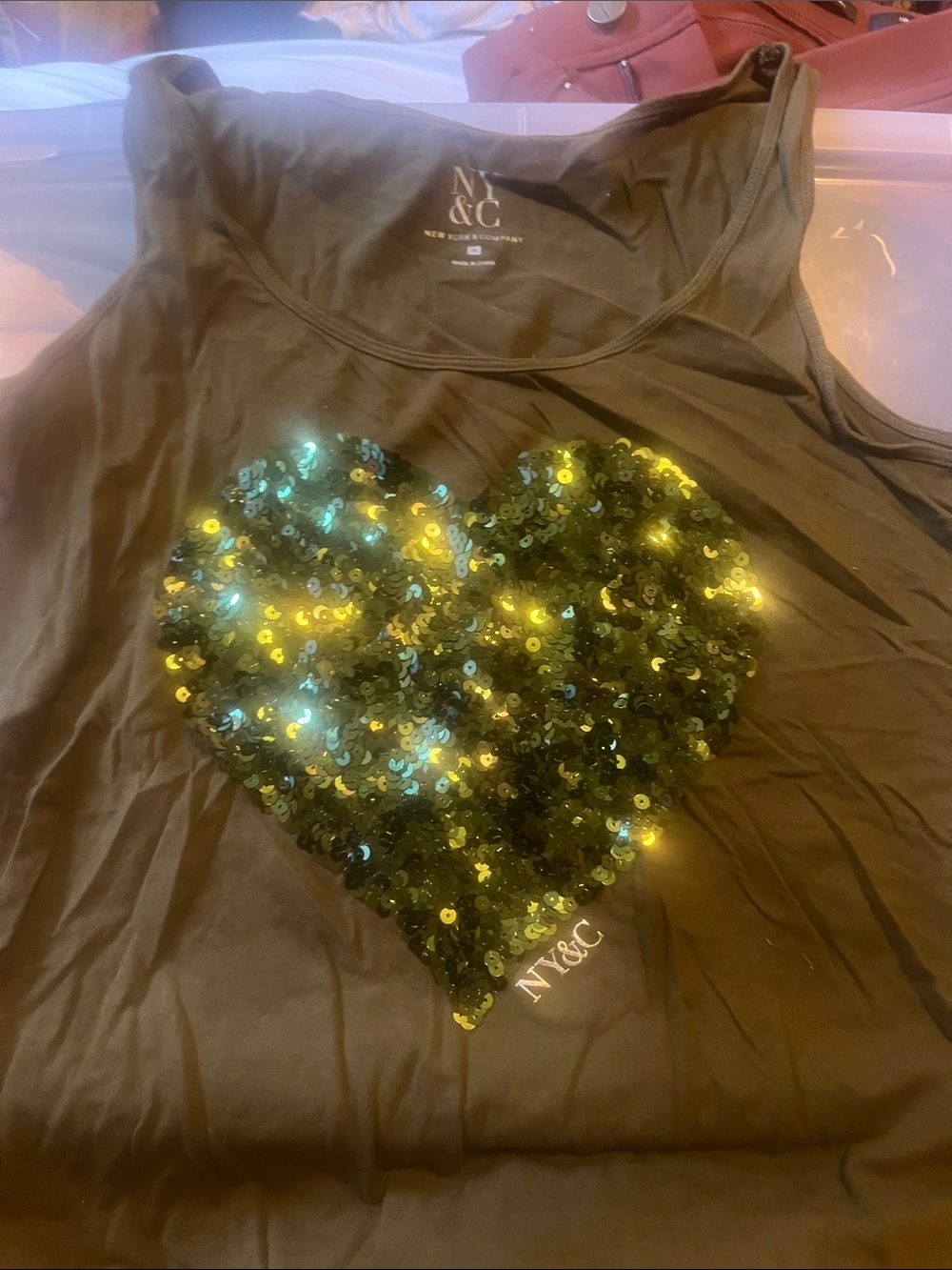 New York & Company Olive Green Tank Top with Sequin Heart